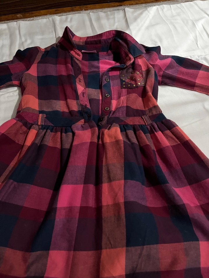 Bordo Ekose Desenli Uzun Kollu Kız Elbisesi - Görsel 2