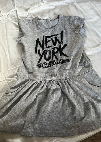 Gri Baskılı Kız Elbisesi, Fırfırlı, Kısa Kollu - Görsel 3