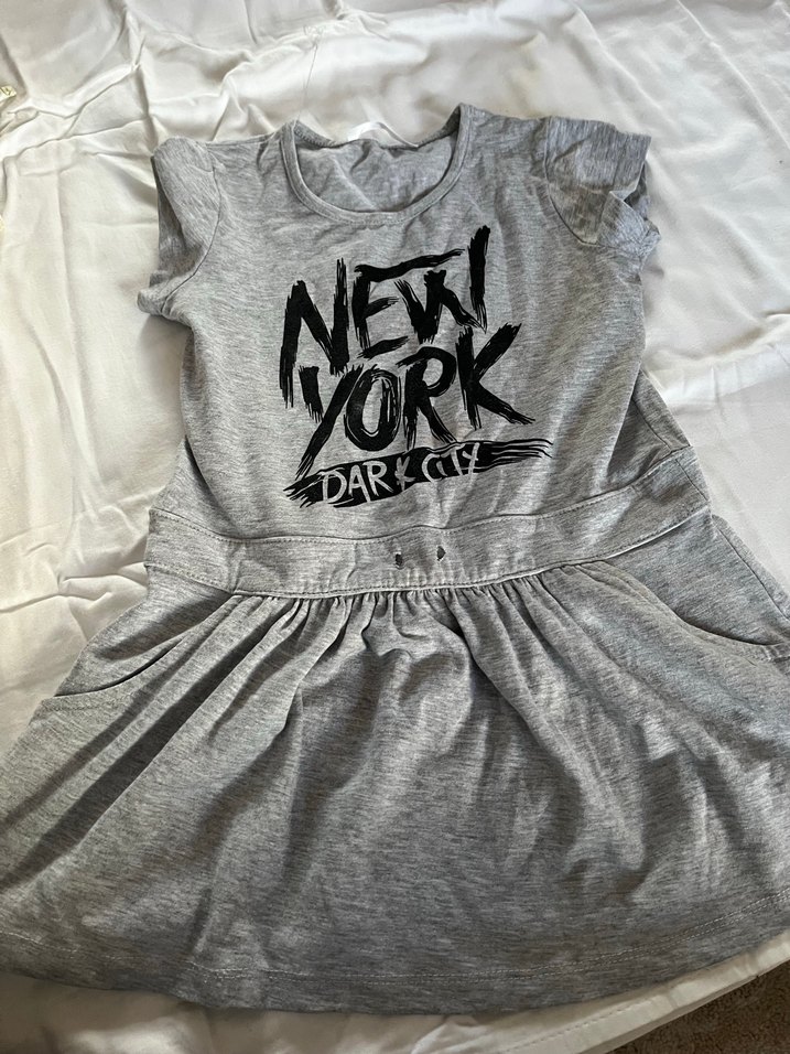 Gri Baskılı Kız Elbisesi, Fırfırlı, Kısa Kollu - Görsel 3