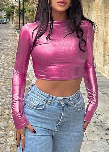 Parlak Metalik Pembe Crop Üst | Zechka (Hiç Giyilmedi)