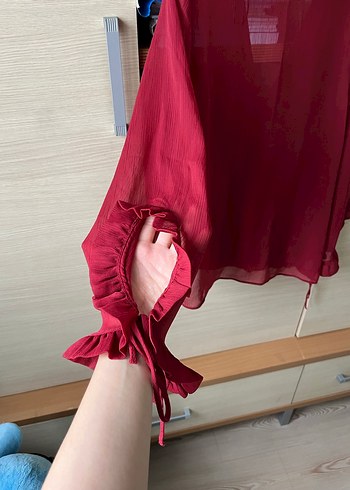 Zara Zara Bordo V Yaka arkası transparan Uzun Kollu Bluz