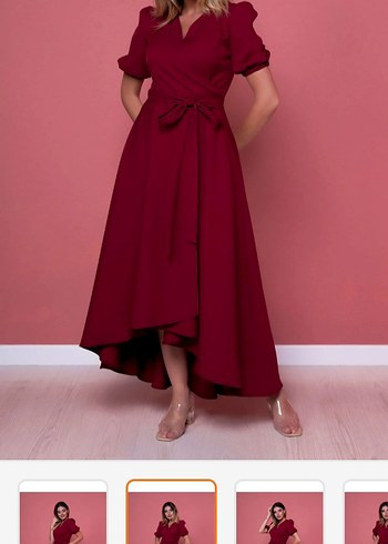Bordo V Yakalı Uzun Drapeli Elbise - Görsel 4