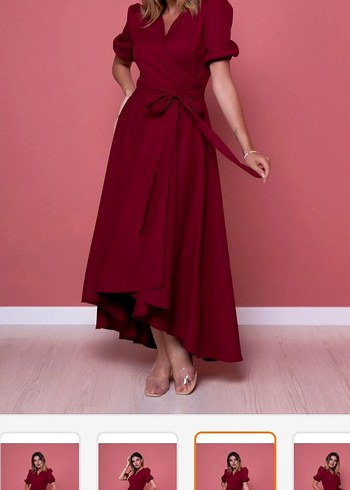 Bordo V Yakalı Uzun Drapeli Elbise - Görsel 3