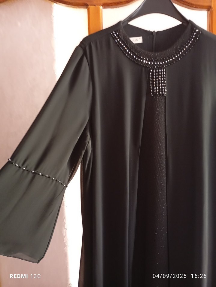 Uzun Kollu Siyah Tesettür Abiye Elbise - Görsel 3