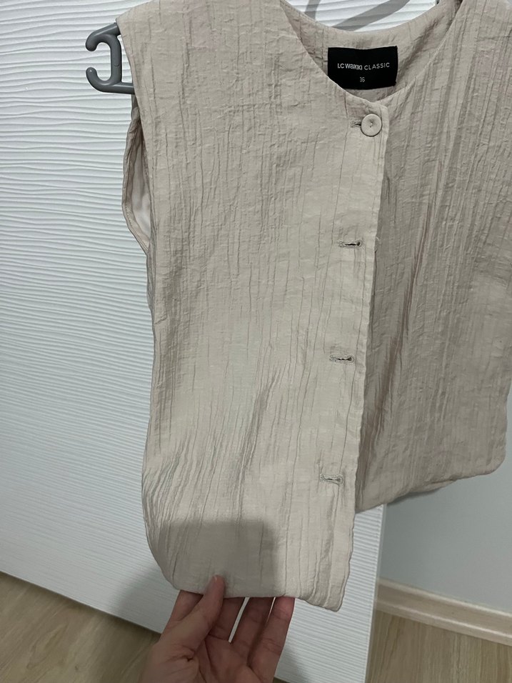 Düğmeli Keten Bej Kadın Yelek - Görsel 5