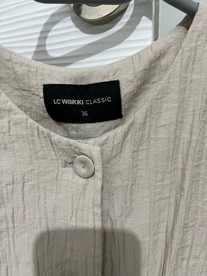 Düğmeli Keten Bej Kadın Yelek - Görsel 3