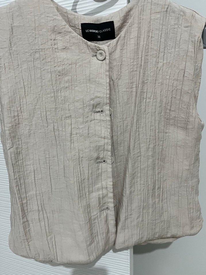 Düğmeli Keten Bej Kadın Yelek - Görsel 2