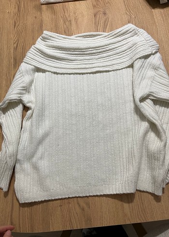 Kadın Bej Oversize Triko Kayık Yaka Kazak - Görsel 6