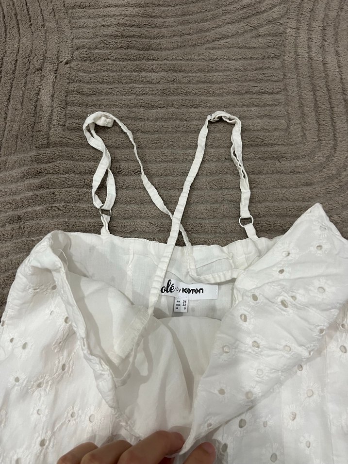 Beyaz Bohem Mini elbise Halter Yaka - Görsel 5