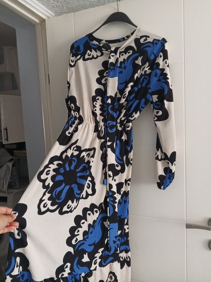 Uzun Kol, Bohem Mavi Bağlama Desenli Elbise - Görsel 2