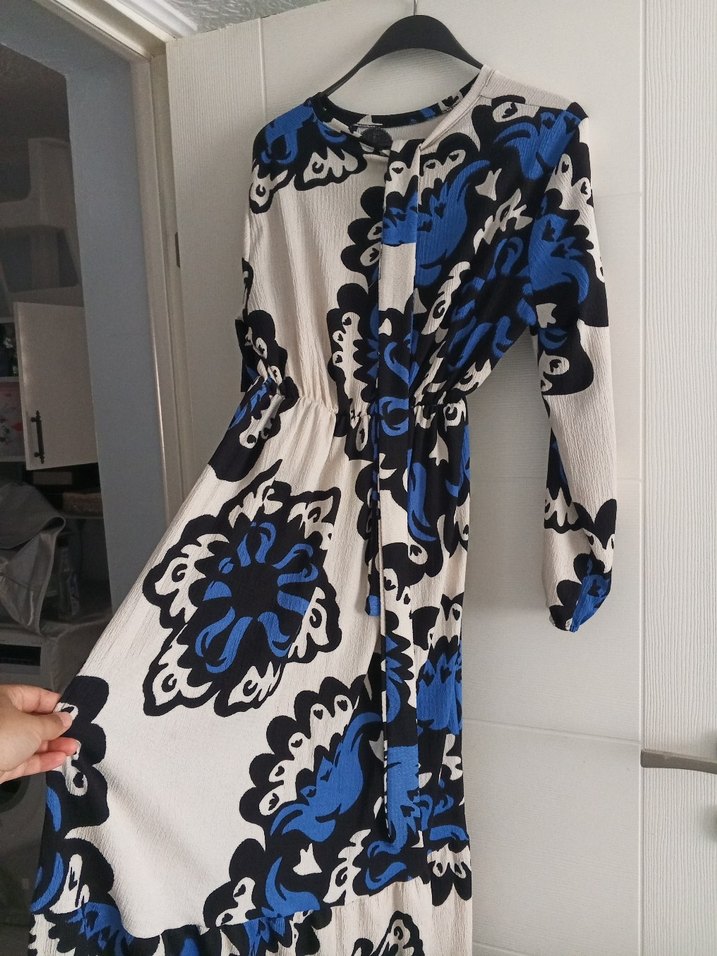 Uzun Kol, Bohem Mavi Bağlama Desenli Elbise - Görsel 3