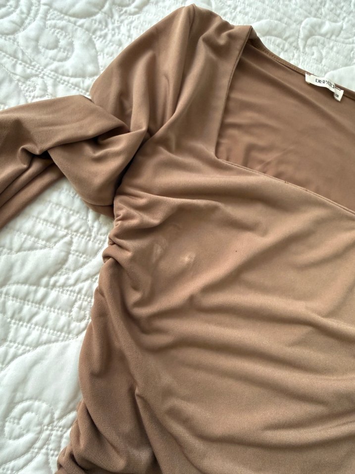 Bej Kadın Uzun Kollu Drapeli Bluz - Görsel 2