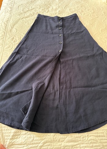 Düğmeli Lacivert Keten Uzun Etek - Görsel 3