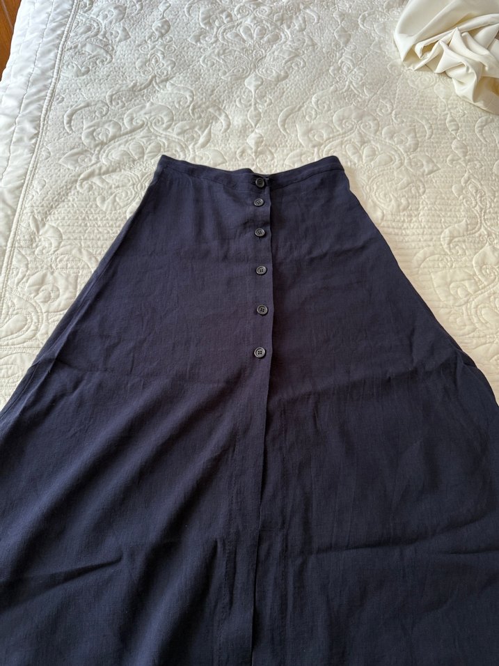 Düğmeli Lacivert Keten Uzun Etek - Görsel 2