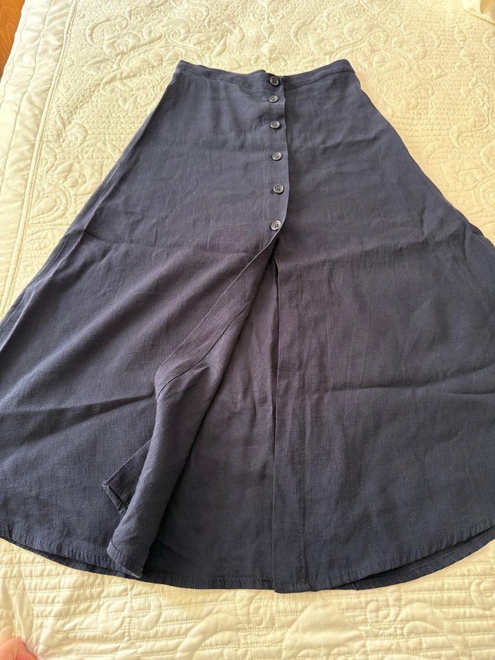 Düğmeli Lacivert Keten Uzun Etek - Görsel 3