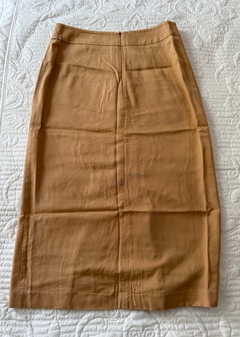 Bej Keten Düğmeli Midi Etek - Görsel 4