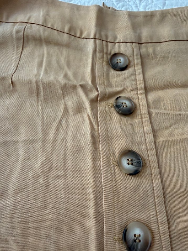 Bej Keten Düğmeli Midi Etek - Görsel 2