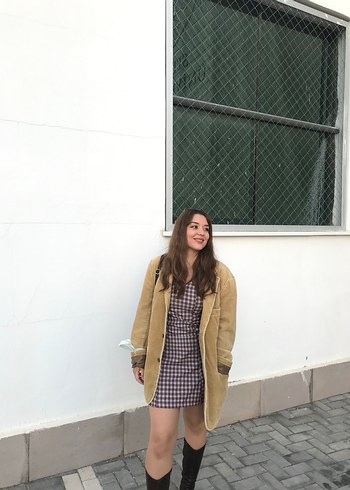 Bordo Ekose Desenli Uzun Kollu Midi Elbise - Görsel 8