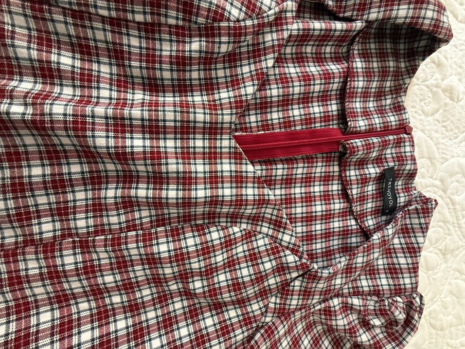 Bordo Ekose Desenli Uzun Kollu Midi Elbise - Görsel 5