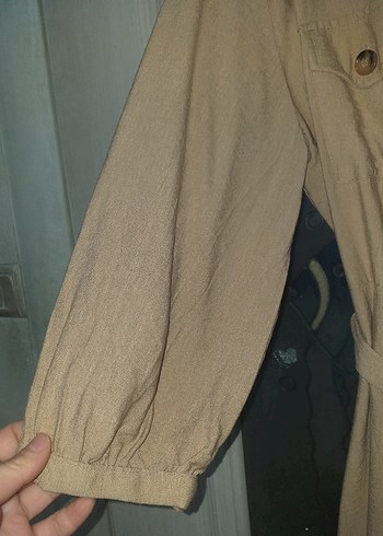 Bej Uzun Keten Düğmeli Kadın Kaban - Görsel 2