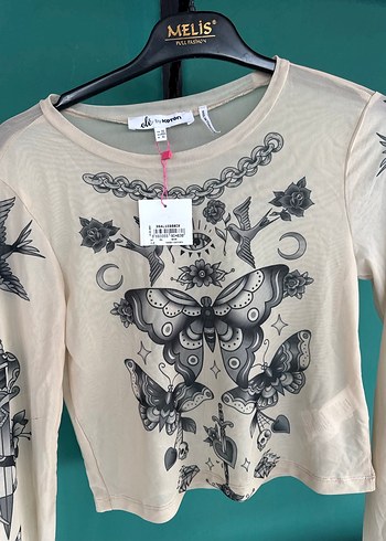 Dantel Detaylı Baskılı Uzun Kollu Bej Bluz - Görsel 2