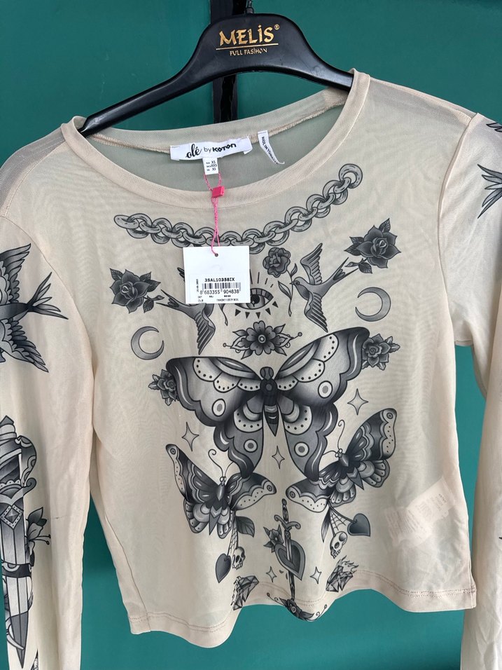 Dantel Detaylı Baskılı Uzun Kollu Bej Bluz - Görsel 2