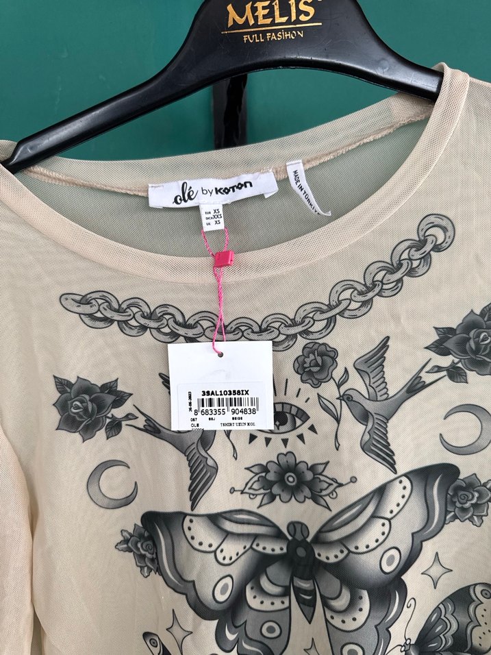 Dantel Detaylı Baskılı Uzun Kollu Bej Bluz - Görsel 3