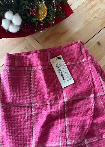 Pembe Ekose Desenli Örme Mini Etek - Görsel 3