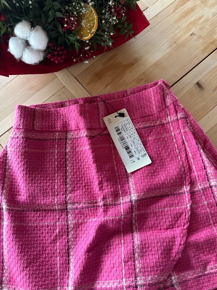 Pembe Ekose Desenli Örme Mini Etek - Görsel 3