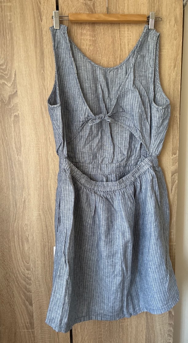 Gri Keten Midi Elbise, Pilili, Kolsuz - Görsel 2