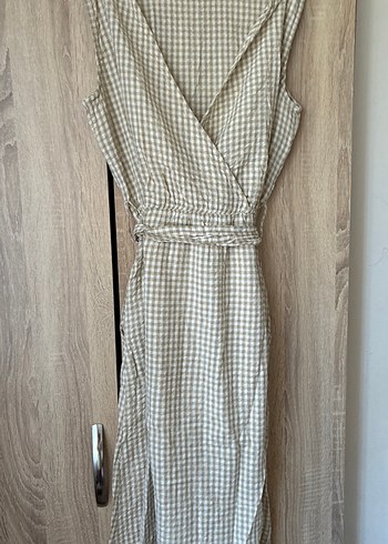 Bej Ekose Desenli Uzun Keten Bohem Elbise - Görsel 2