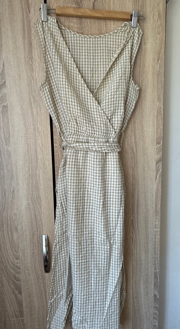 Bej Ekose Desenli Uzun Keten Bohem Elbise - Görsel 2