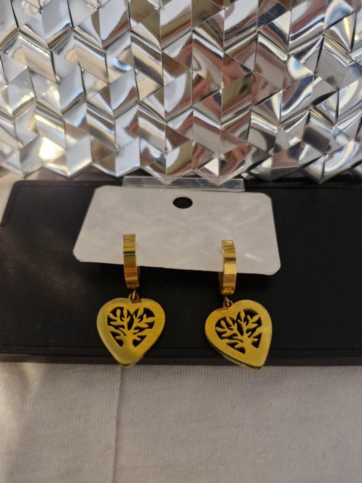 Paslanmaz Çelik Hayat Ağacı Figürlü Kalp Küpe (Çift) - Görsel 3