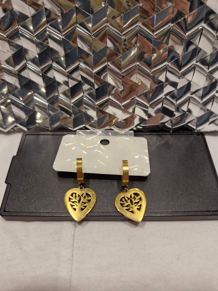 Paslanmaz Çelik Hayat Ağacı Figürlü Kalp Küpe (Çift) - Görsel 4