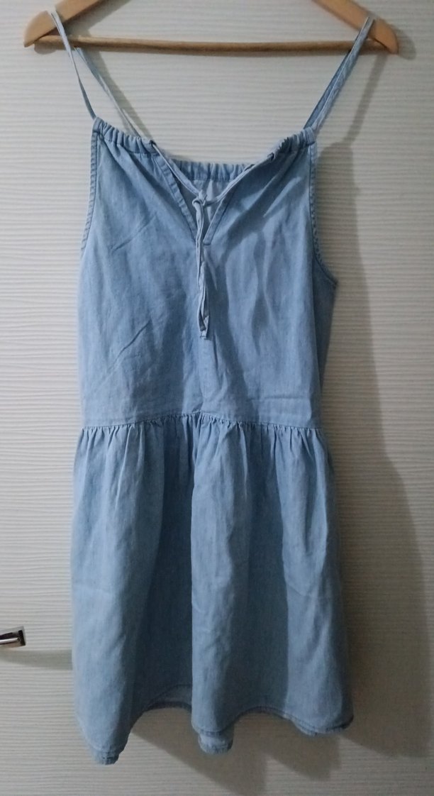 Kot Kumaşlı Askılı Salaş Midi Elbise - Görsel 4