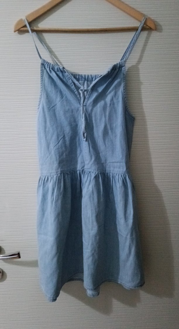 Kot Kumaşlı Askılı Salaş Midi Elbise - Görsel 5