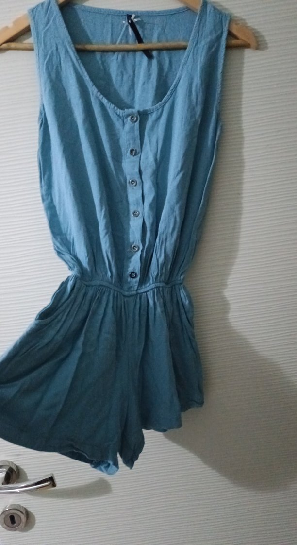 Mavi Keten Düğmeli Kolsuz Kadın Tulum - Görsel 2