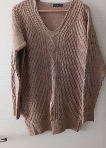 V Yaka Bej Örgü Kadın Kazak - Görsel 2