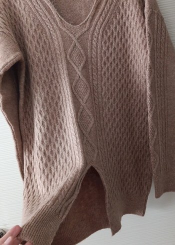 V Yaka Bej Örgü Kadın Kazak - Görsel 3