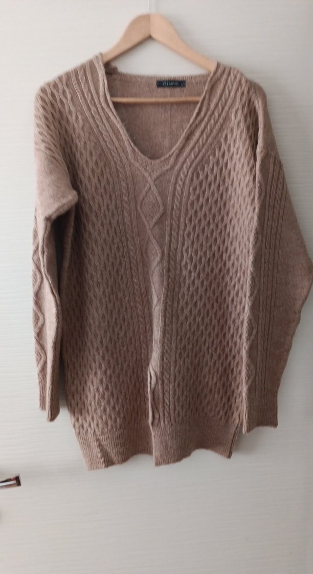 V Yaka Bej Örgü Kadın Kazak - Görsel 2