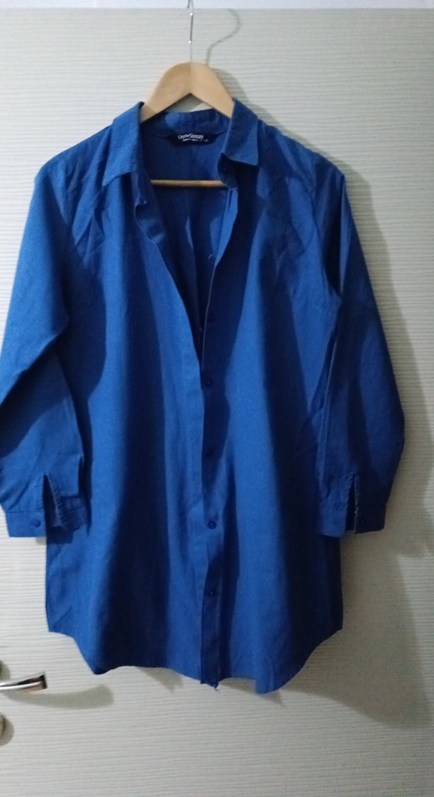 Lacivert Düğmeli Uzun Kollu Keten Gömlek - Görsel 2