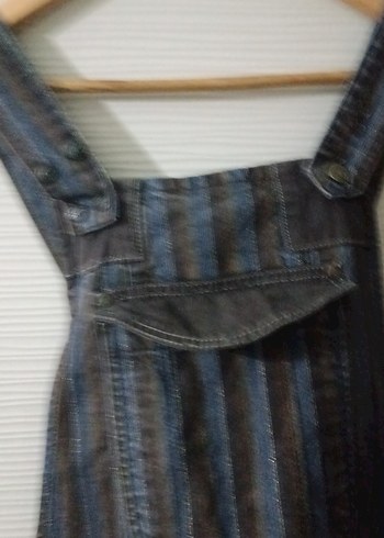 Kahverengi Çizgili Kadın Denim Uzun Salopet - Görsel 3