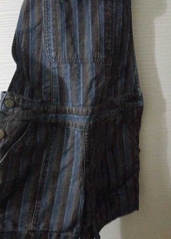 Kahverengi Çizgili Kadın Denim Uzun Salopet - Görsel 2