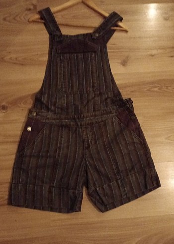 Kahverengi Çizgili Kadın Denim Uzun Salopet - Görsel 5