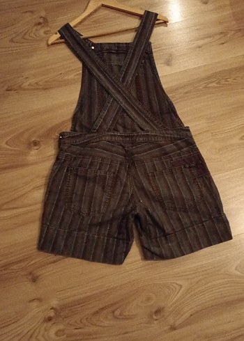 Kahverengi Çizgili Kadın Denim Uzun Salopet - Görsel 4