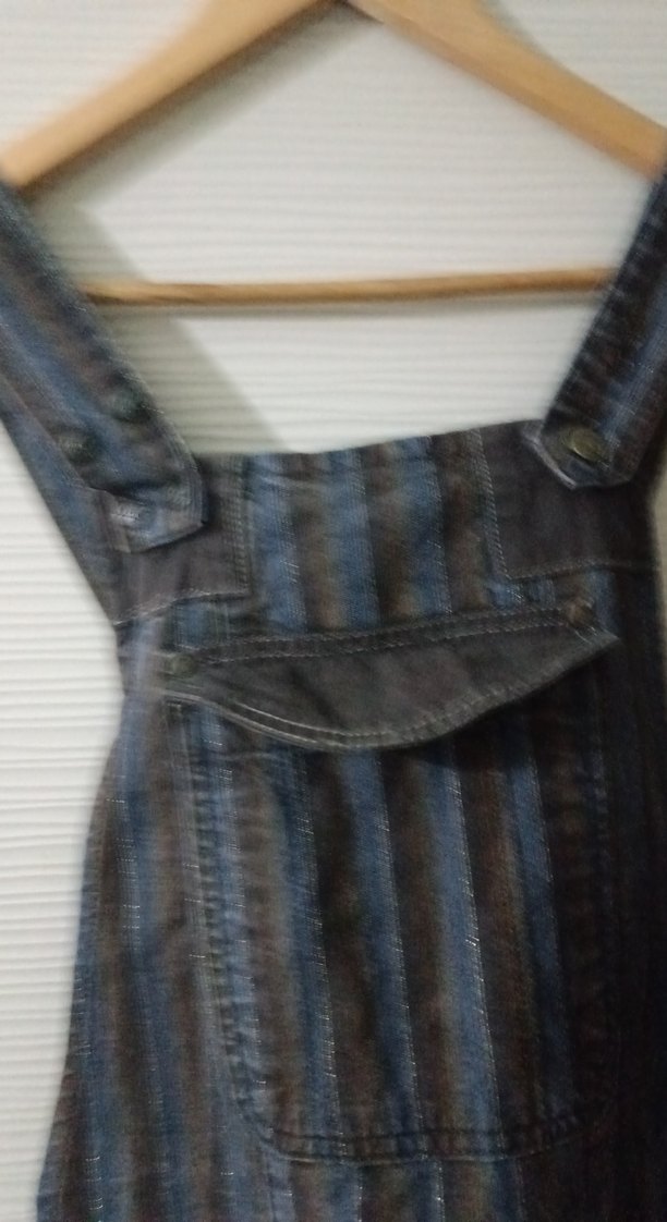 Kahverengi Çizgili Kadın Denim Uzun Salopet - Görsel 3