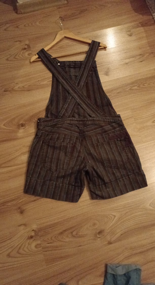 Kahverengi Çizgili Kadın Denim Uzun Salopet - Görsel 4