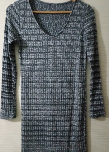 Gri V Yakalı Uzun Kollu Triko Elbise - Görsel 5