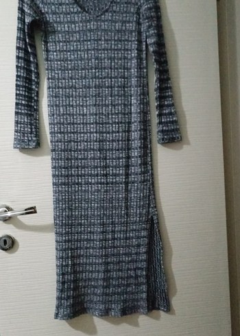 Gri V Yakalı Uzun Kollu Triko Elbise - Görsel 2