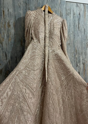 Bej Nakışlı Uzun Kollu Abiye - Görsel 3